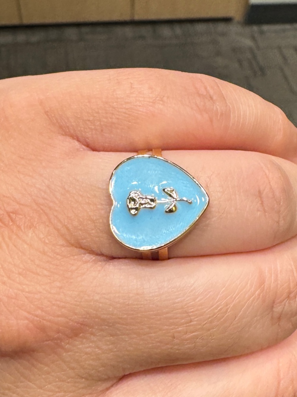 Adjustable Heart Ring with Blue Enamel and Rose Accent - Women's Jewelry